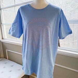 Michael Kors Studded Logo Charm Organic Cotton Jersey T-Shirt size L Pastel blue